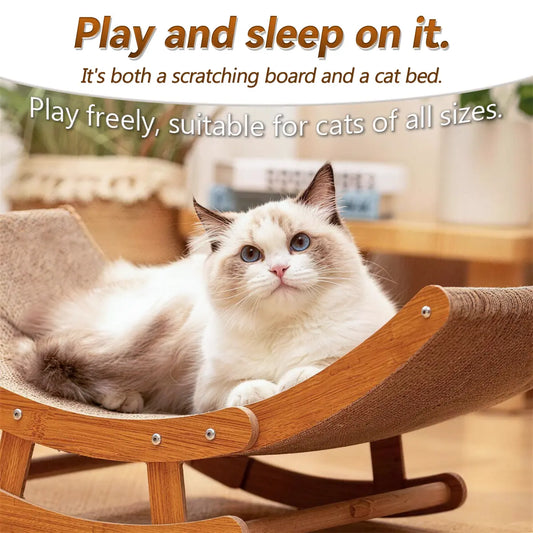 Aesthetic Bohemian Cat Scratcher Lounge Bed for Indoor Use, Natural Sisal Curved Design with Solid Wood Frame, Calming Anti-Anxiety Cat Rocker Chair, Comfortable Non-Shedding Bed for Medium to Large Cats and Kittens, Easy Assembly