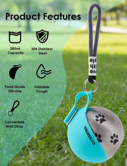 Stainless Pet Water Bottle with Drinking Basin — 285Ml Leak-Proof Travel Bottle for Dogs & Cats Perfect for Walks, Road Trips & Outdoor Play