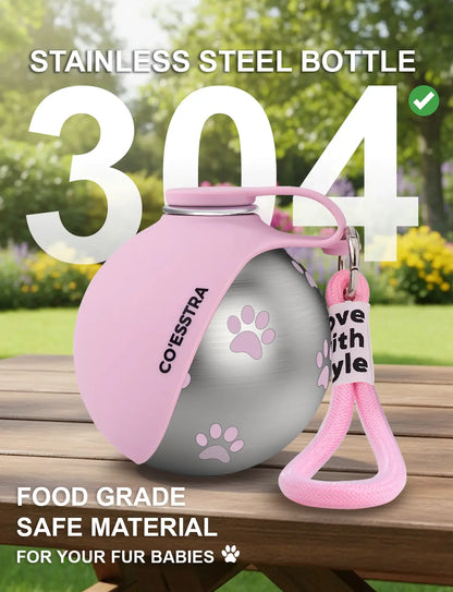 Stainless Pet Water Bottle with Drinking Basin — 285Ml Leak-Proof Travel Bottle for Dogs & Cats Perfect for Walks, Road Trips & Outdoor Play